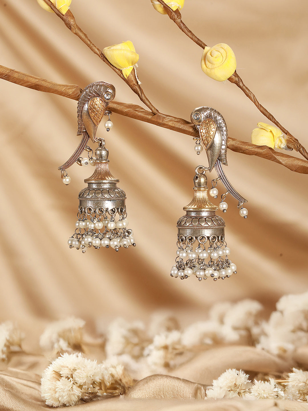 Antique Gold-Toned Parrot Motif Pearl Beaded Handcrafted  Jhumka Earrings